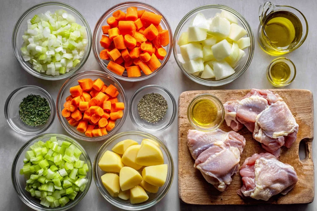 overhead photo of chicken stew ingredients arranged in bowls