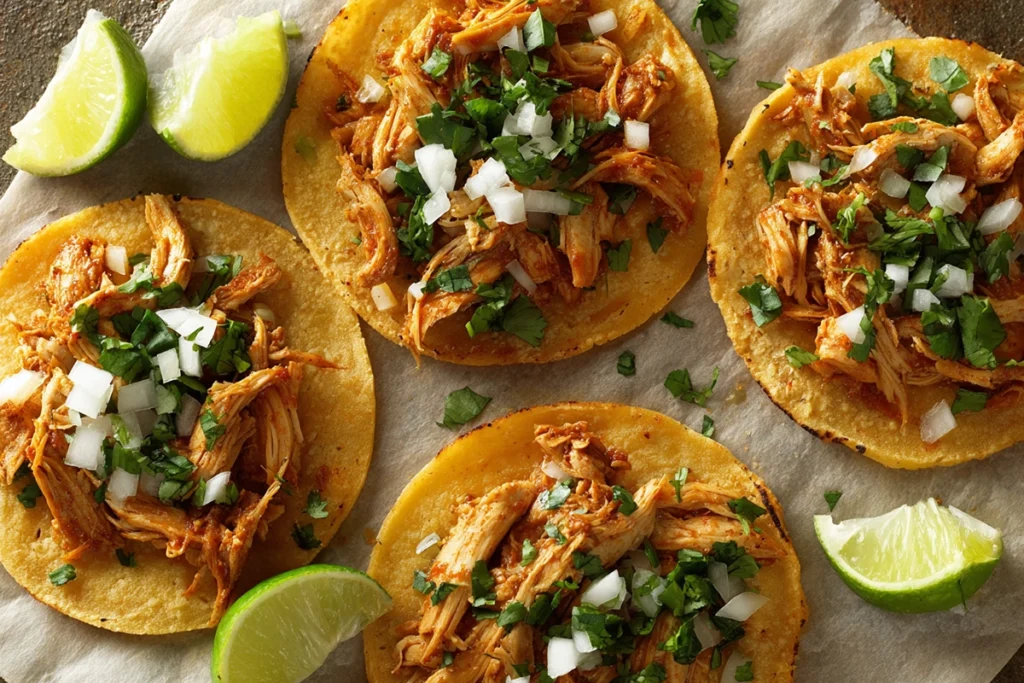 Assembling Chicken Street Tacos with chicken and fresh toppings