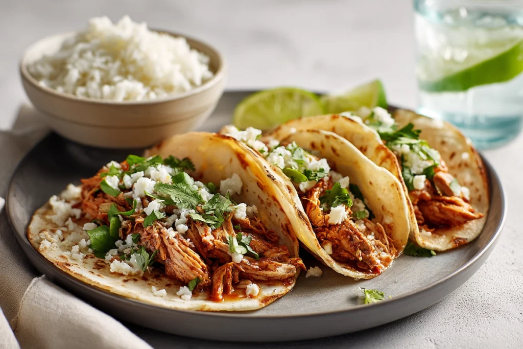 Chicken Street Tacos served on a modern plate with fresh cilantro and lime