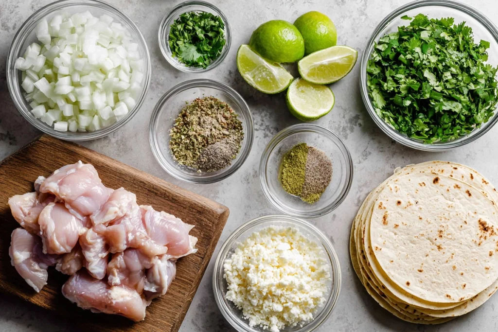 Ingredients for Chicken Street Tacos arranged neatly on a kitchen counter
