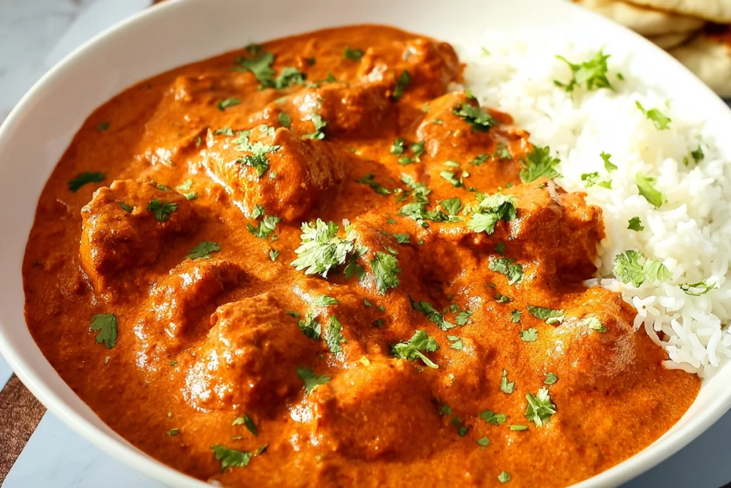 plated chicken tikka masala with basmati rice served in modern kitchen