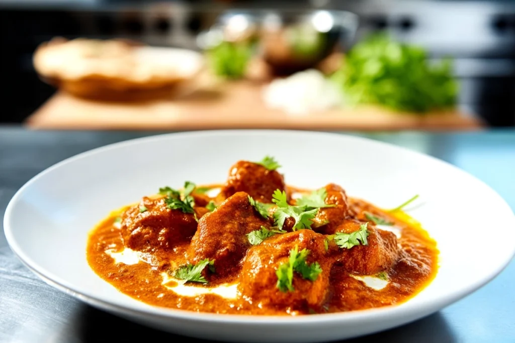 photorealistic chicken tikka masala hero shot in modern kitchen