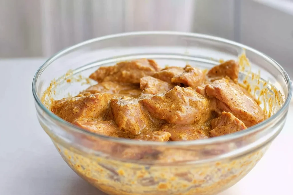 marinating chicken for chicken tikka masala in glass bowl with spices