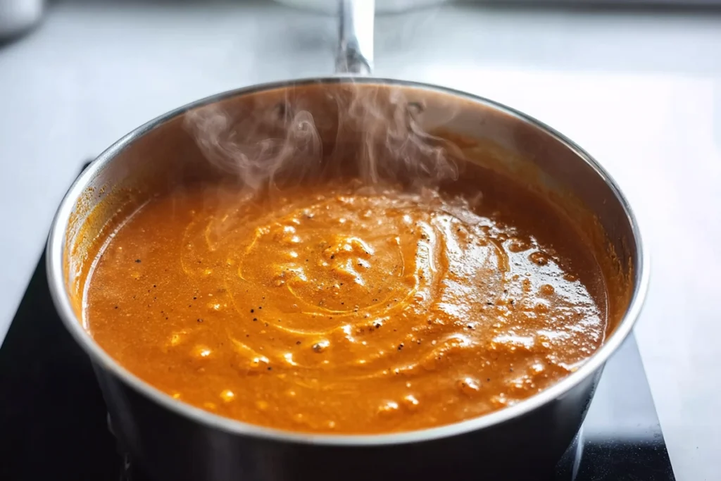 simmering masala sauce for chicken tikka masala in stainless-steel pot