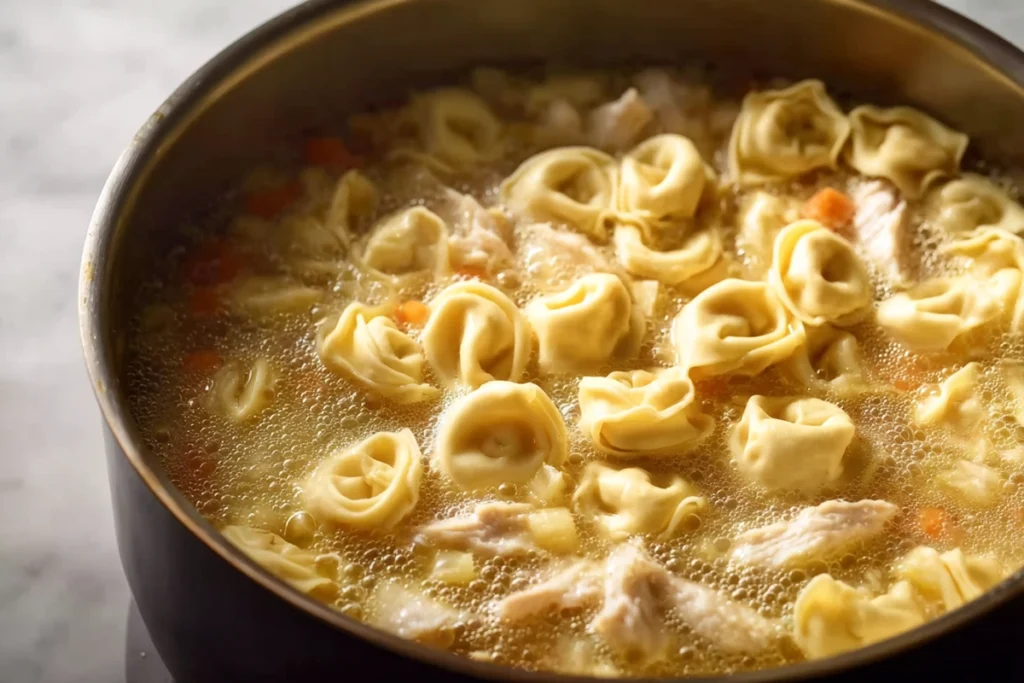 Tortellini cooking in simmering broth for Chicken Tortellini Soup
