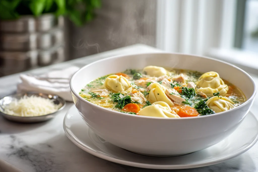 Final serving of Chicken Tortellini Soup in a modern kitchen setting