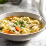Chicken Tortellini Soup hero image in modern kitchen with natural lighting