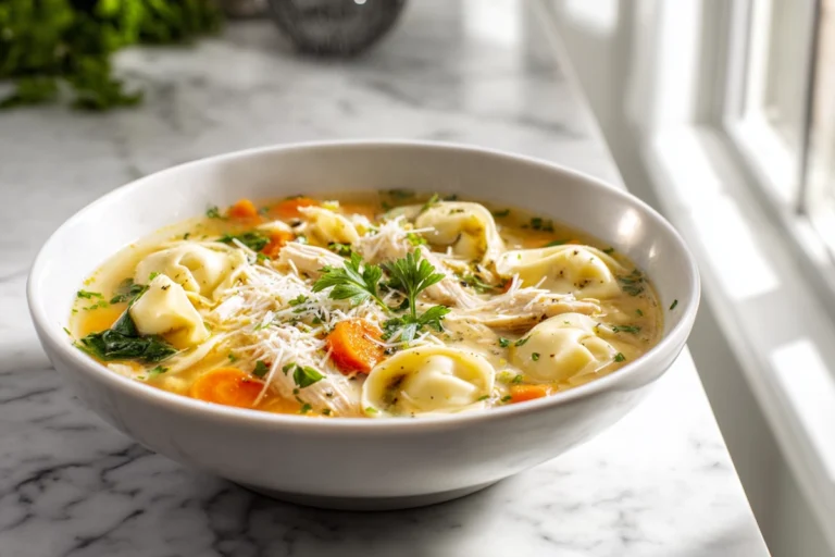 Chicken Tortellini Soup hero image in modern kitchen with natural lighting