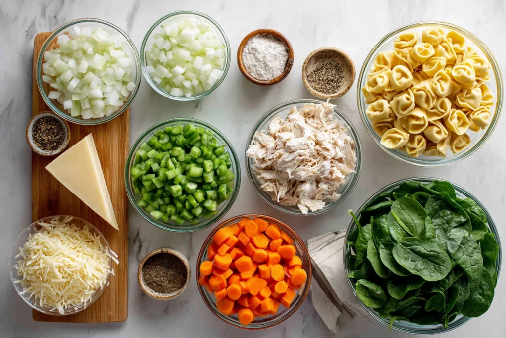 Overhead flat lay of Chicken Tortellini Soup ingredients in glass bowls