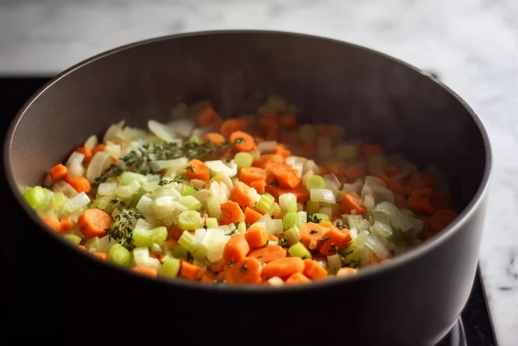 Aromatics sautéing for Chicken Tortellini Soup on a modern kitchen counter