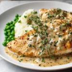 Creamy chicken with Boursin sauce garnished with fresh herbs on modern kitchen counter