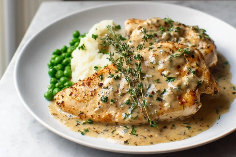 Creamy chicken with Boursin sauce garnished with fresh herbs on modern kitchen counter