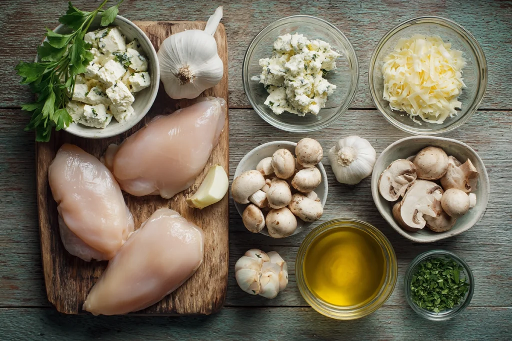 Overhead shot of ingredients for chicken with Boursin sauce including chicken, cheese, garlic, mushrooms, and herbs