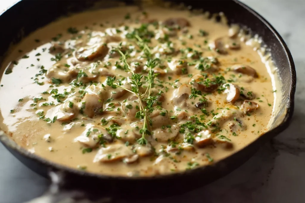 Creamy Boursin cheese sauce with herbs and mushrooms for chicken with Boursin sauce