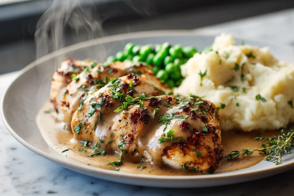 Sliced chicken with Boursin sauce served with sides on modern kitchen countertop
