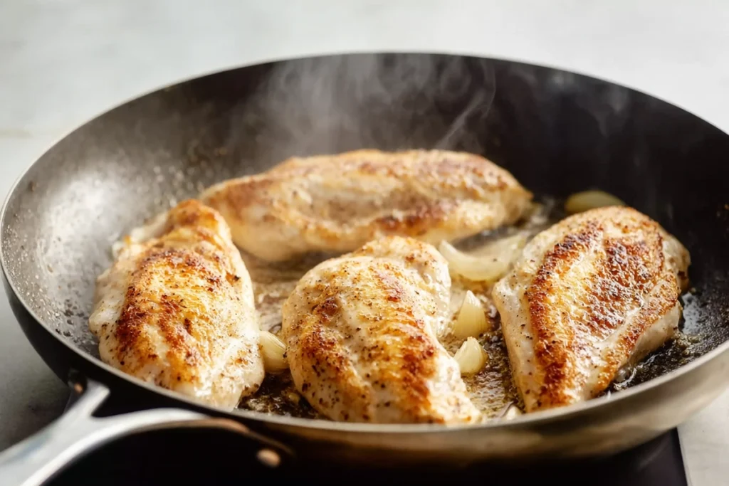 Chicken breasts searing in skillet for chicken with Boursin sauce