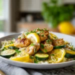 Chicken with Zucchini and Squash served on a modern plate