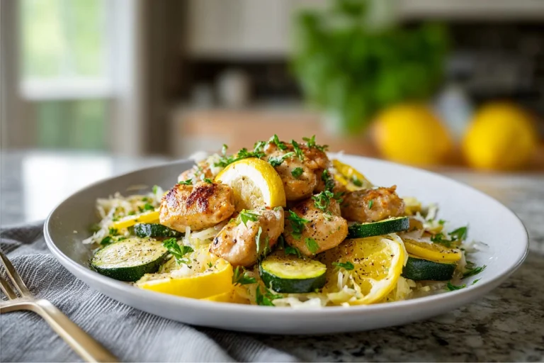 Chicken with Zucchini and Squash served on a modern plate