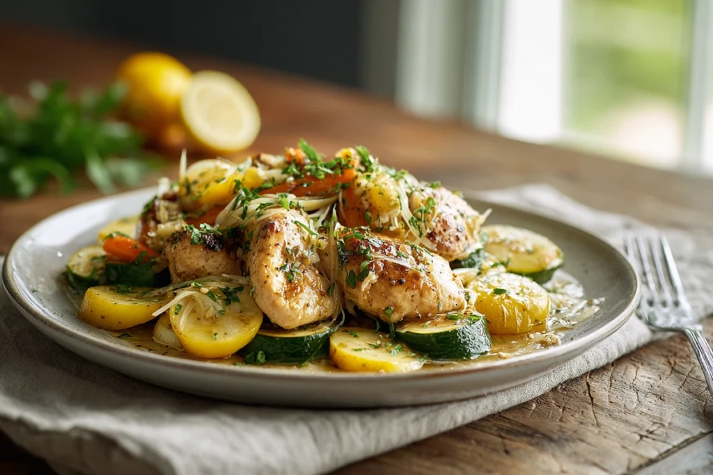 Chicken with Zucchini and Squash ready to serve