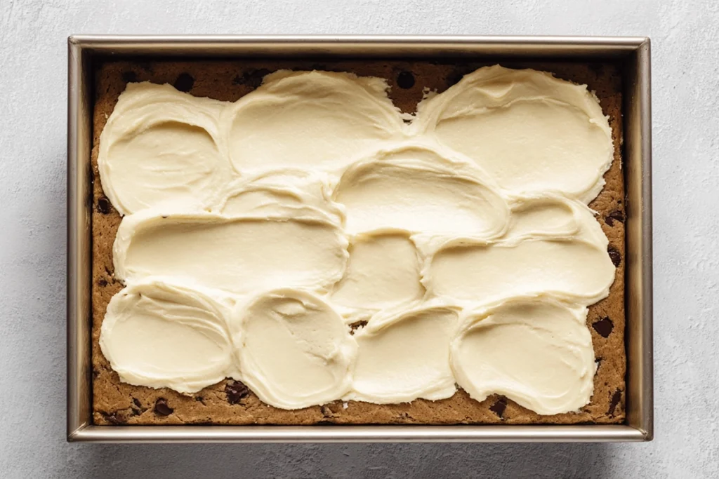 Assembling layers for Chocolate Chip Cookie Cheesecake Bars in a metal pan