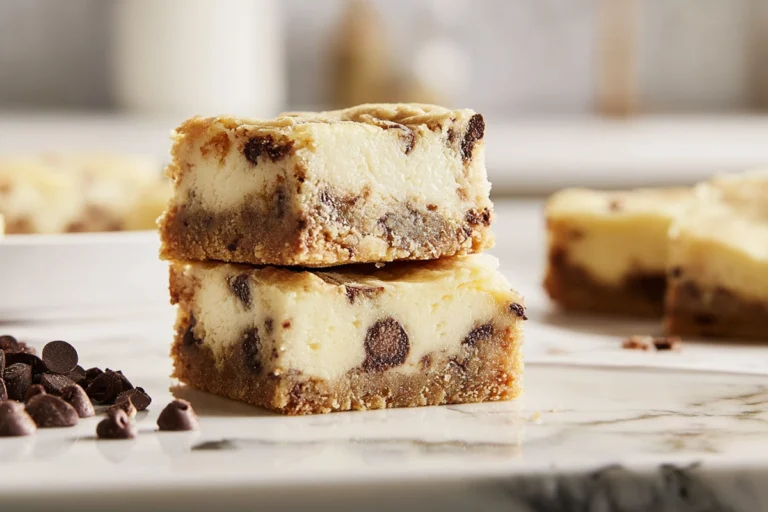 chocolate chip cookie cheesecake bars hero shot