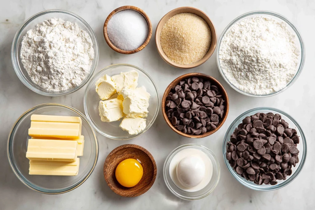Ingredients for Chocolate Chip Cookie Cheesecake Bars arranged neatly in glass bowls overhead