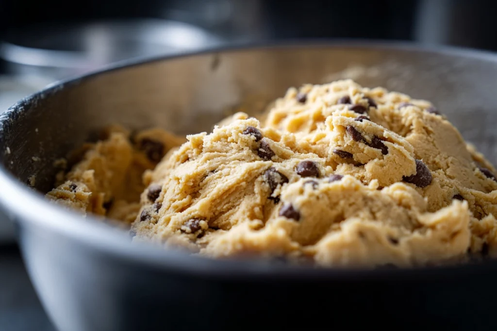 Cookie dough being mixed for Chocolate Chip Cookie Cheesecake Bars in a modern kitchen