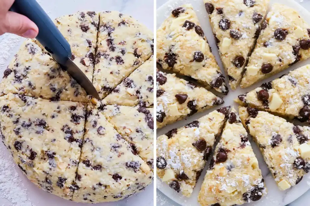 Chocolate Chip Scones dough cut into thick wedges before baking
