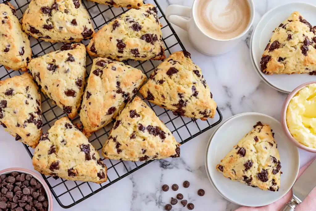 Golden Chocolate Chip Scones cooling on a rack with coffee and butter