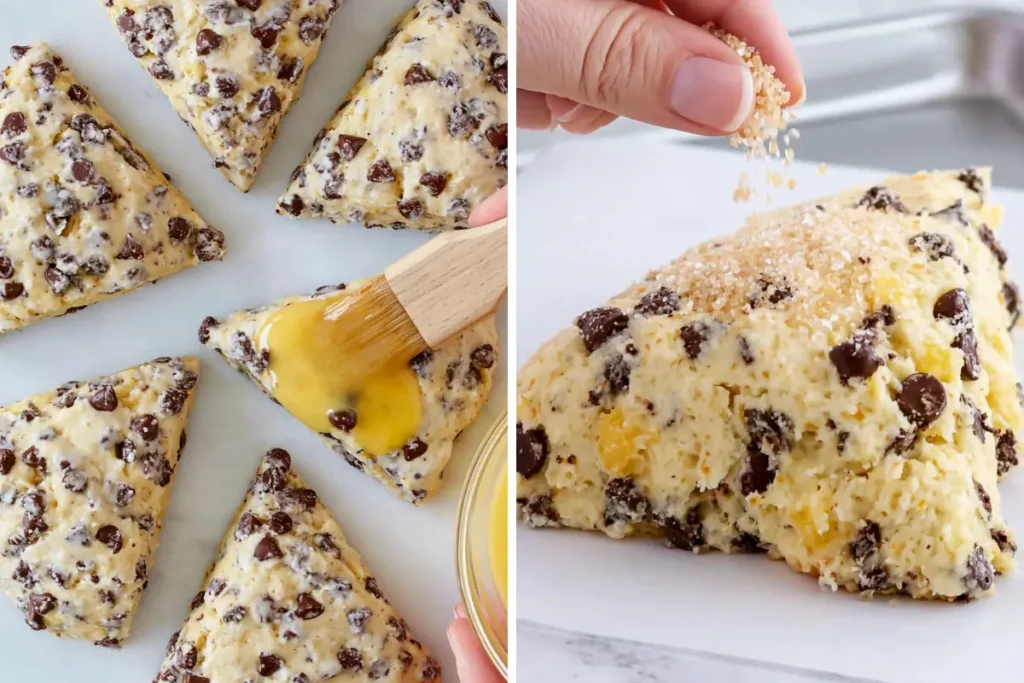 Chocolate Chip Scones brushed with egg wash and topped with coarse sugar