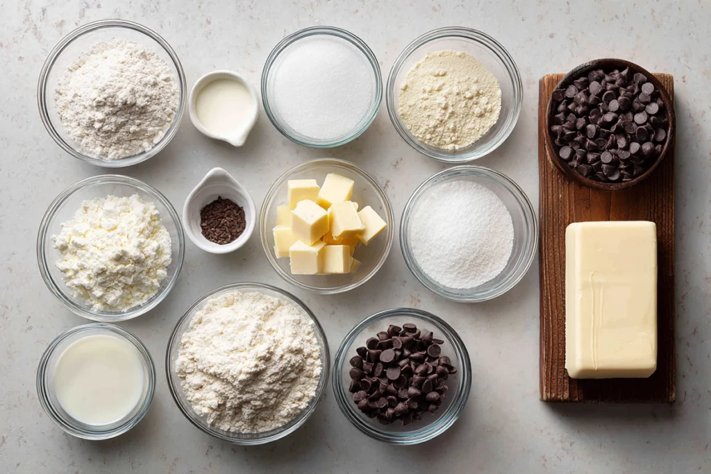 overhead ingredients layout for chocolate chip scones in glass bowls