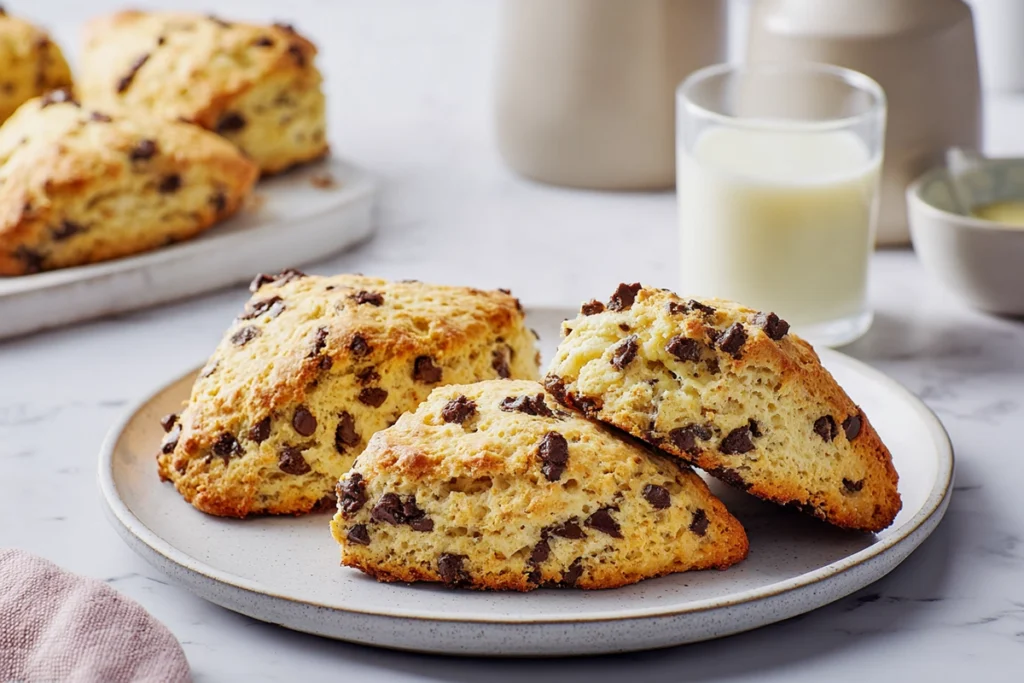 photorealistic chocolate chip scones hero image on modern kitchen counter