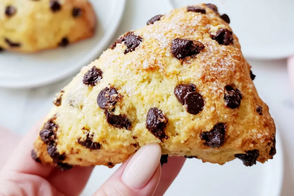 Tender Chocolate Chip Scones with flaky crumb and melted chocolate chips