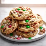christmas kitchen sink cookies stacked on a plate in bright natural kitchen lighting