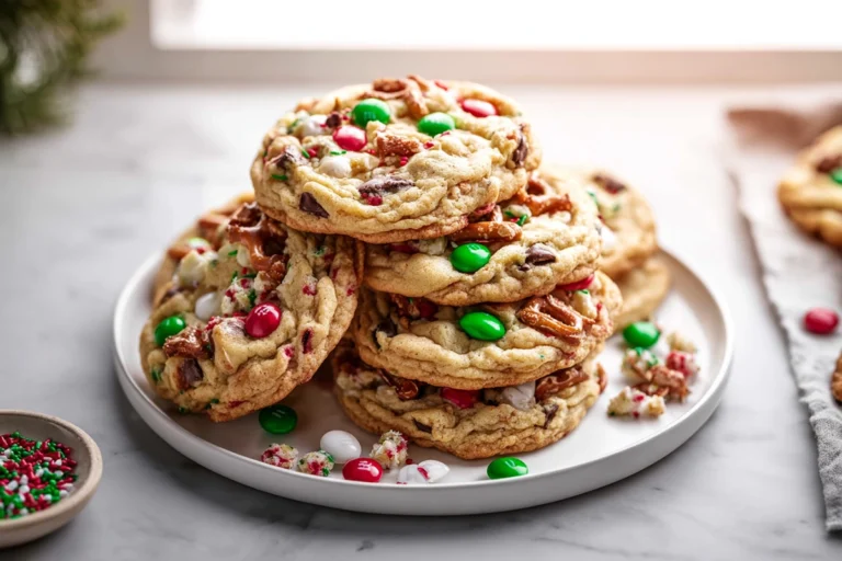 christmas kitchen sink cookies stacked on a plate in bright natural kitchen lighting