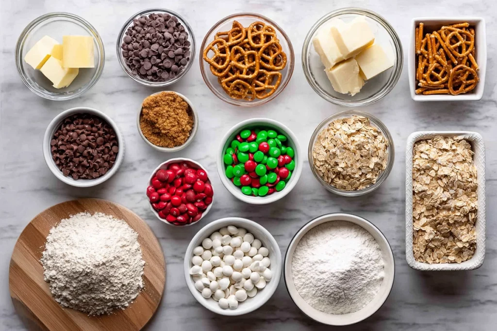 overhead layout of ingredients for christmas kitchen sink cookies on marble counter