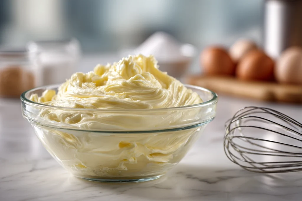 mixing butter and sugar for christmas kitchen sink cookies in glass bowl