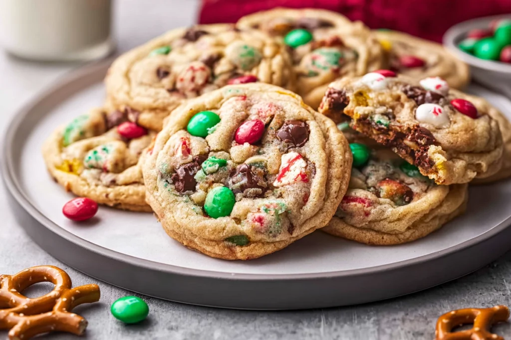 served christmas kitchen sink cookies on modern plate with soft background blur