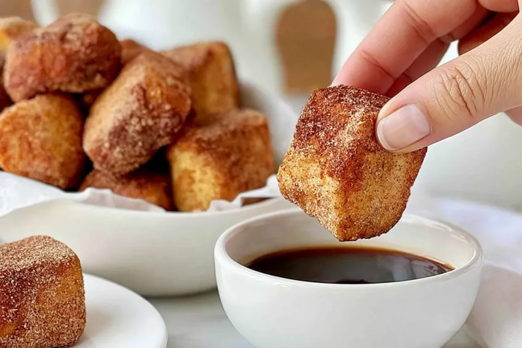 Cinnamon French Toast Bites served with maple syrup for dipping