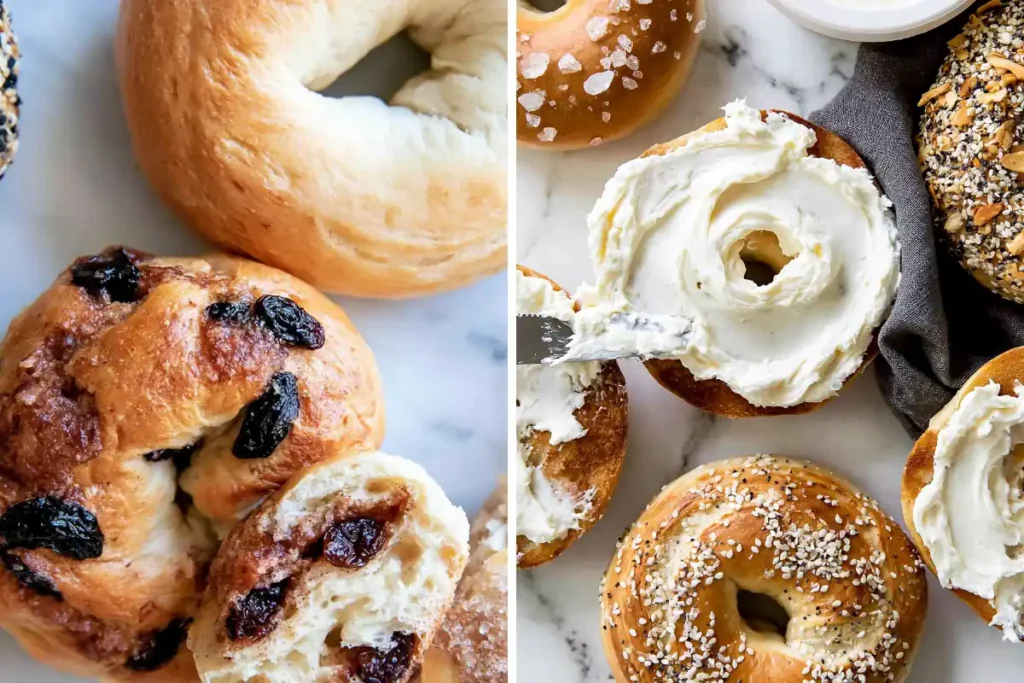 Cinnamon raisin Homemade Bagels variation sliced on a cream plate