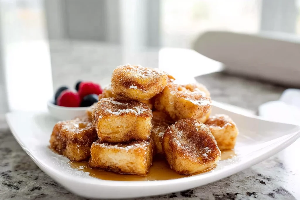 Cinnamon Roll French Toast Bites served warm with syrup on a modern plate