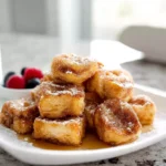 Cinnamon Roll French Toast Bites served warm with syrup on a modern plate