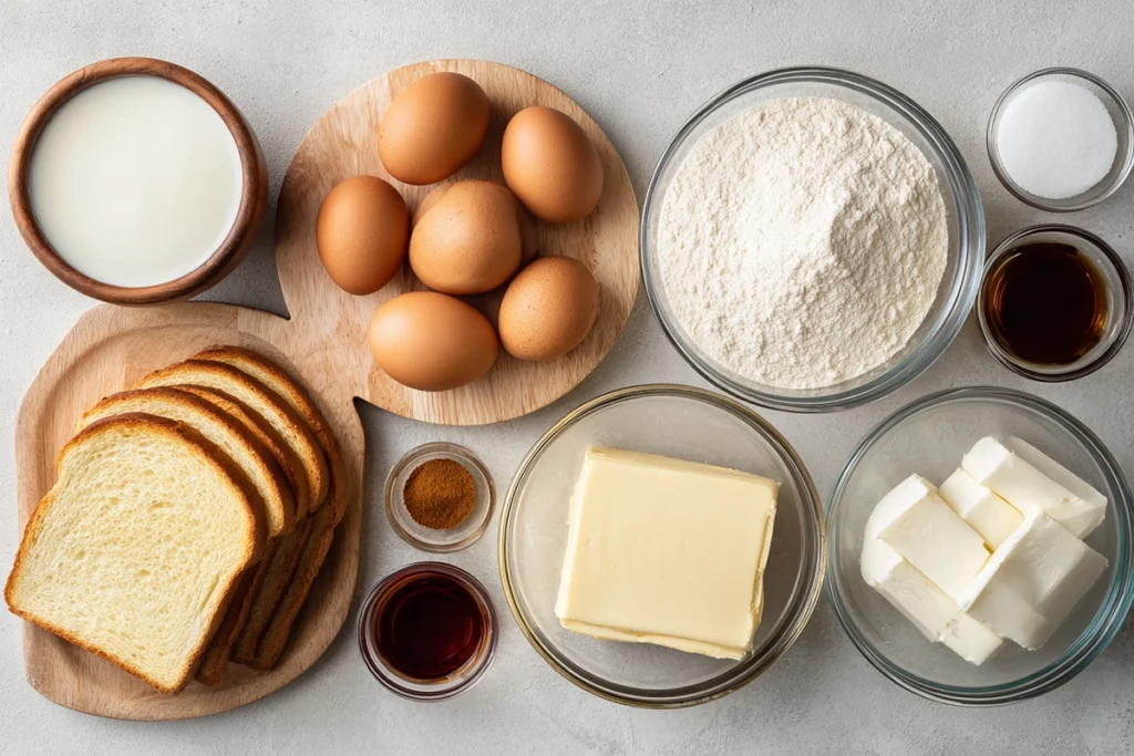 Ingredients for Cinnamon Roll French Toast Bites arranged on a kitchen counter