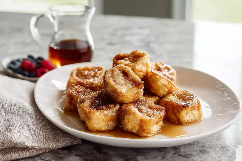 Cinnamon Roll French Toast Bites served fresh for breakfast or brunch