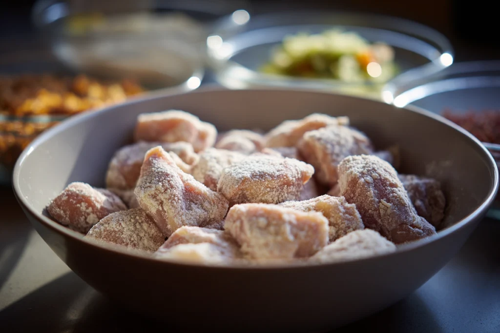 Chicken pieces coated in cornstarch for sweet and sour chicken