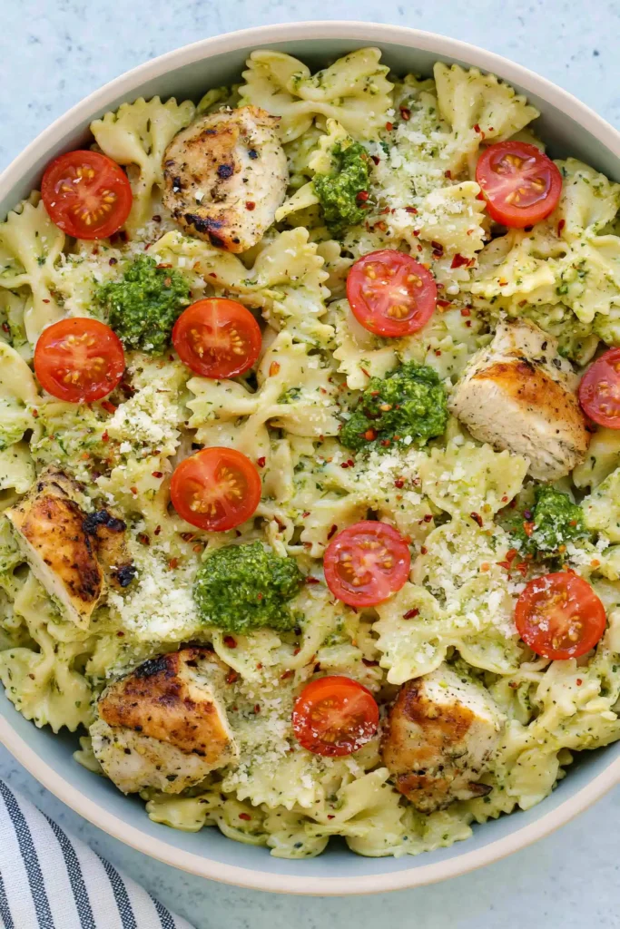 Chicken Pesto Pasta with a Creamy 30-Minute Sauce 9 Chicken Pesto Pasta combined with creamy basil sauce, browned chicken, cherry tomatoes, and Parmesan