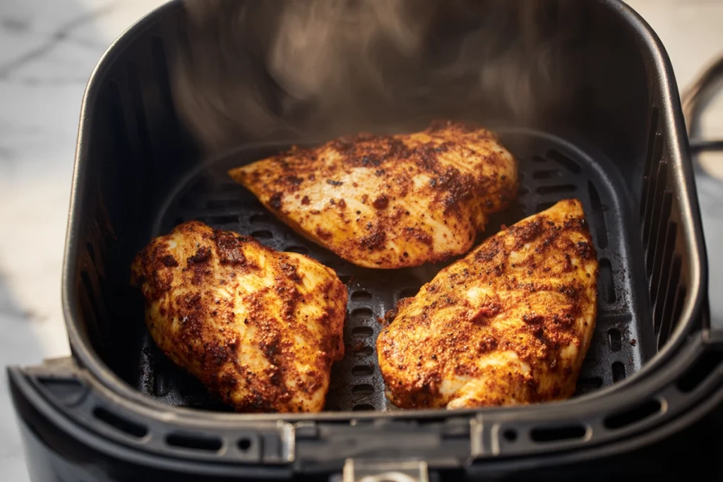 Seasoned air fryer chicken breasts cooking inside an air fryer basket