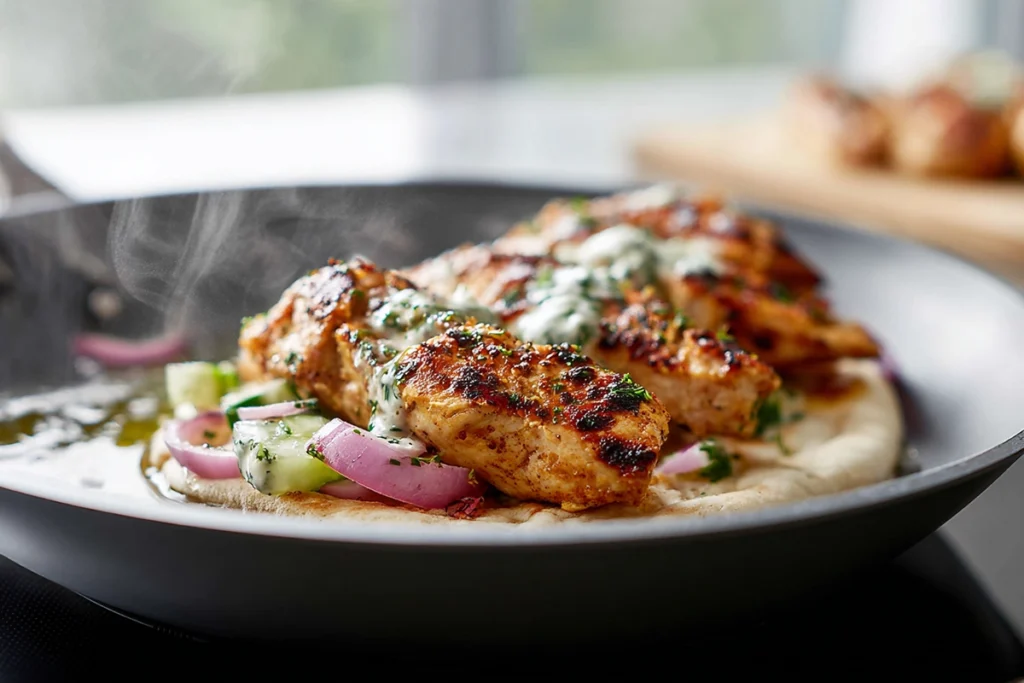 Cooking seasoned chicken for Mediterranean Chicken Gyros in a skillet