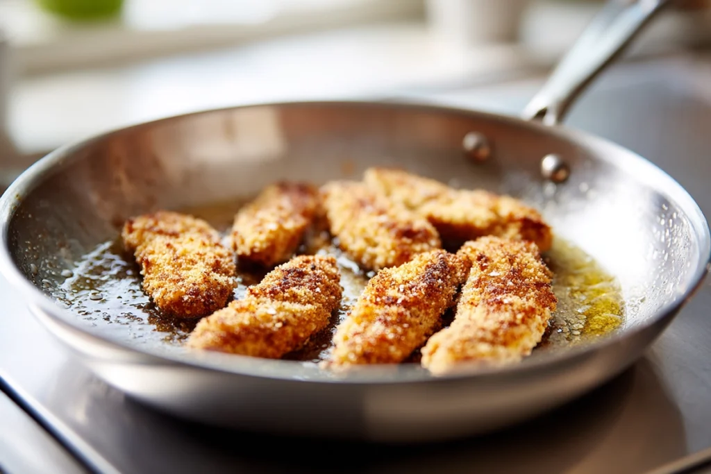 Chicken cooking step for pesto pasta with parmesan chicken in a stainless steel pan