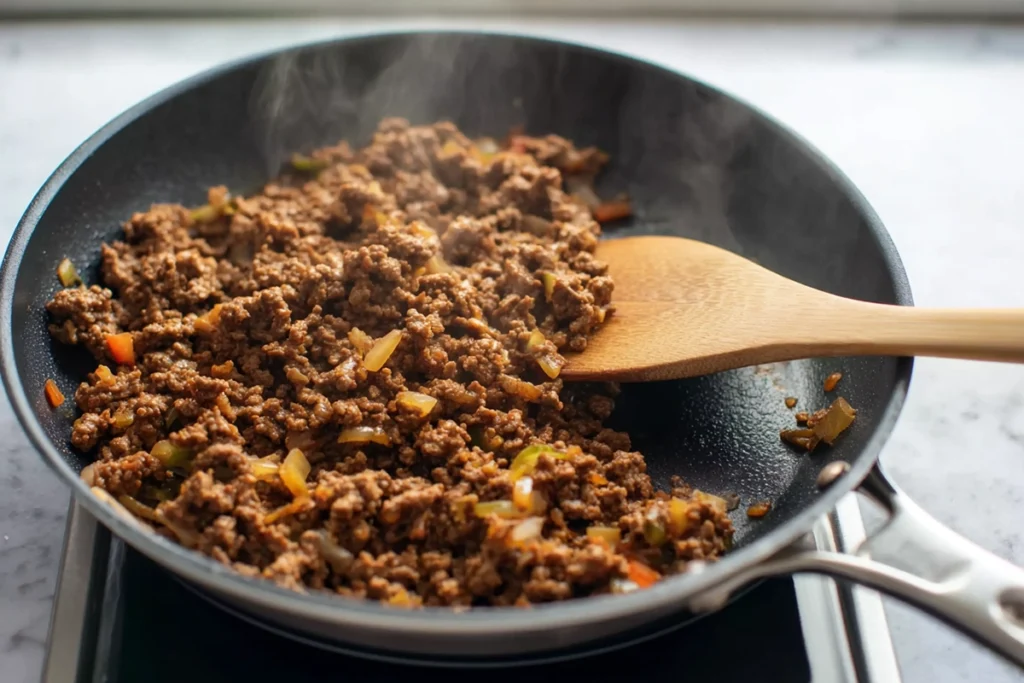 Cooking seasoned ground beef for Beef Burrito Bowl in a skillet